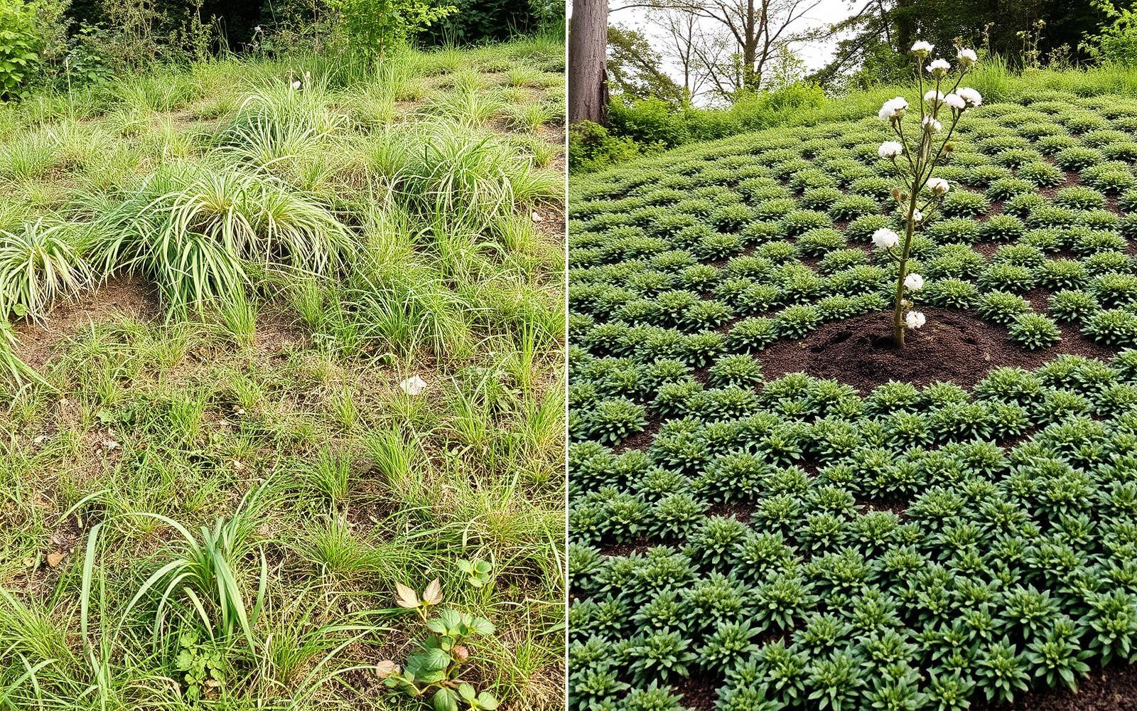 Före och efter — ogrässlänt som blev planterad yta
